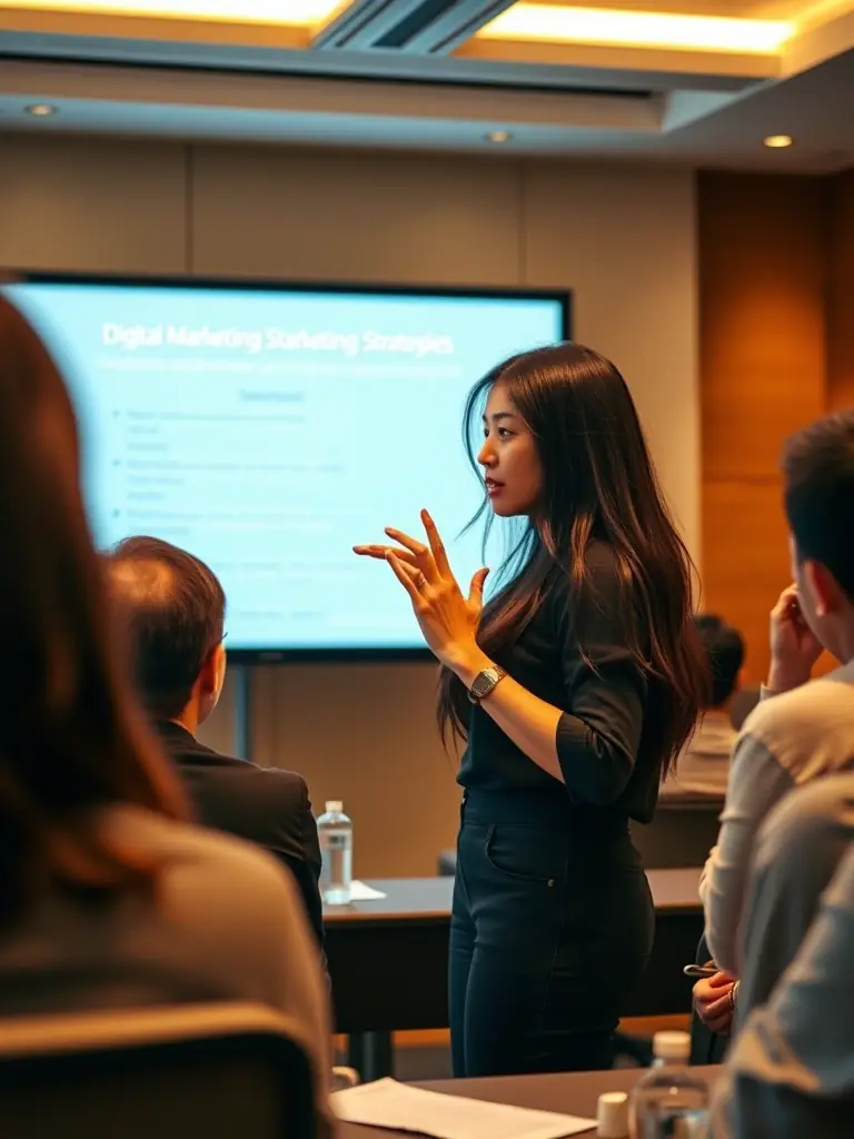 A captivating image of Ms. Emily Chen, a marketing guru, leading a workshop on digital marketing strategies for startups at a ClearFactor event in Birmingham, highlighting her interactive and practical teaching approach.