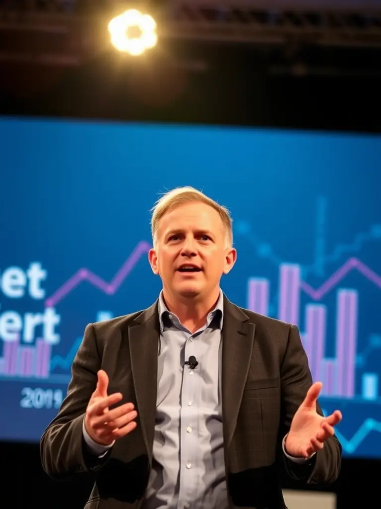 A dynamic photo of Mr. Ben Carter, a successful FinTech entrepreneur, speaking at a ClearFactor conference in Manchester, emphasizing his passion for innovation and financial technology.