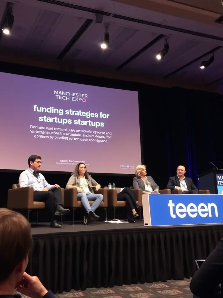 A picture of a panel discussion at the 2023 Manchester Tech Expo, featuring panelists discussing funding strategies for early-stage startups.