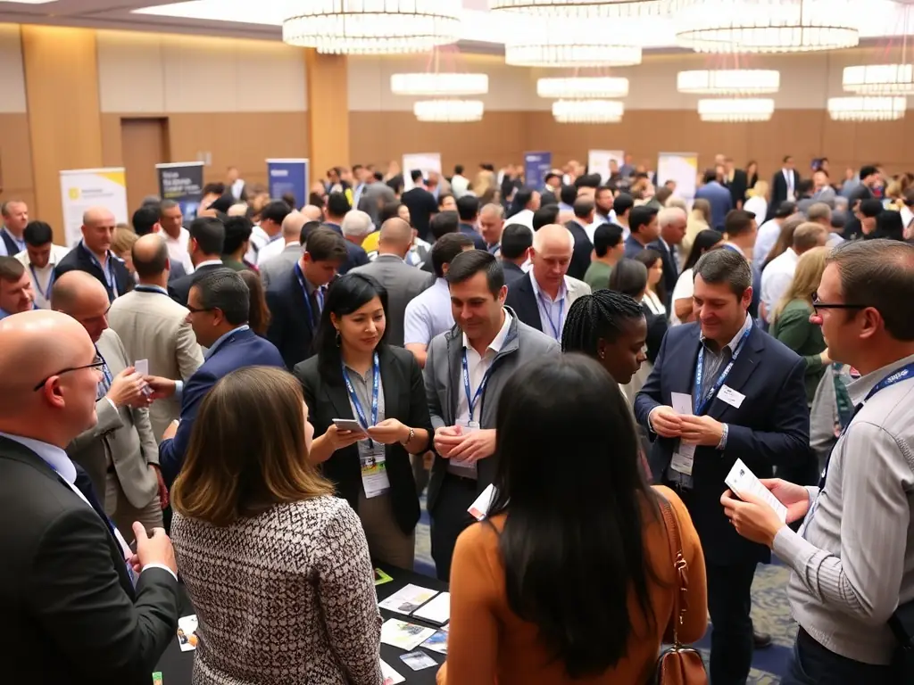 A dynamic image showcasing attendees networking at a startup conference in London, with a focus on collaboration and innovation.