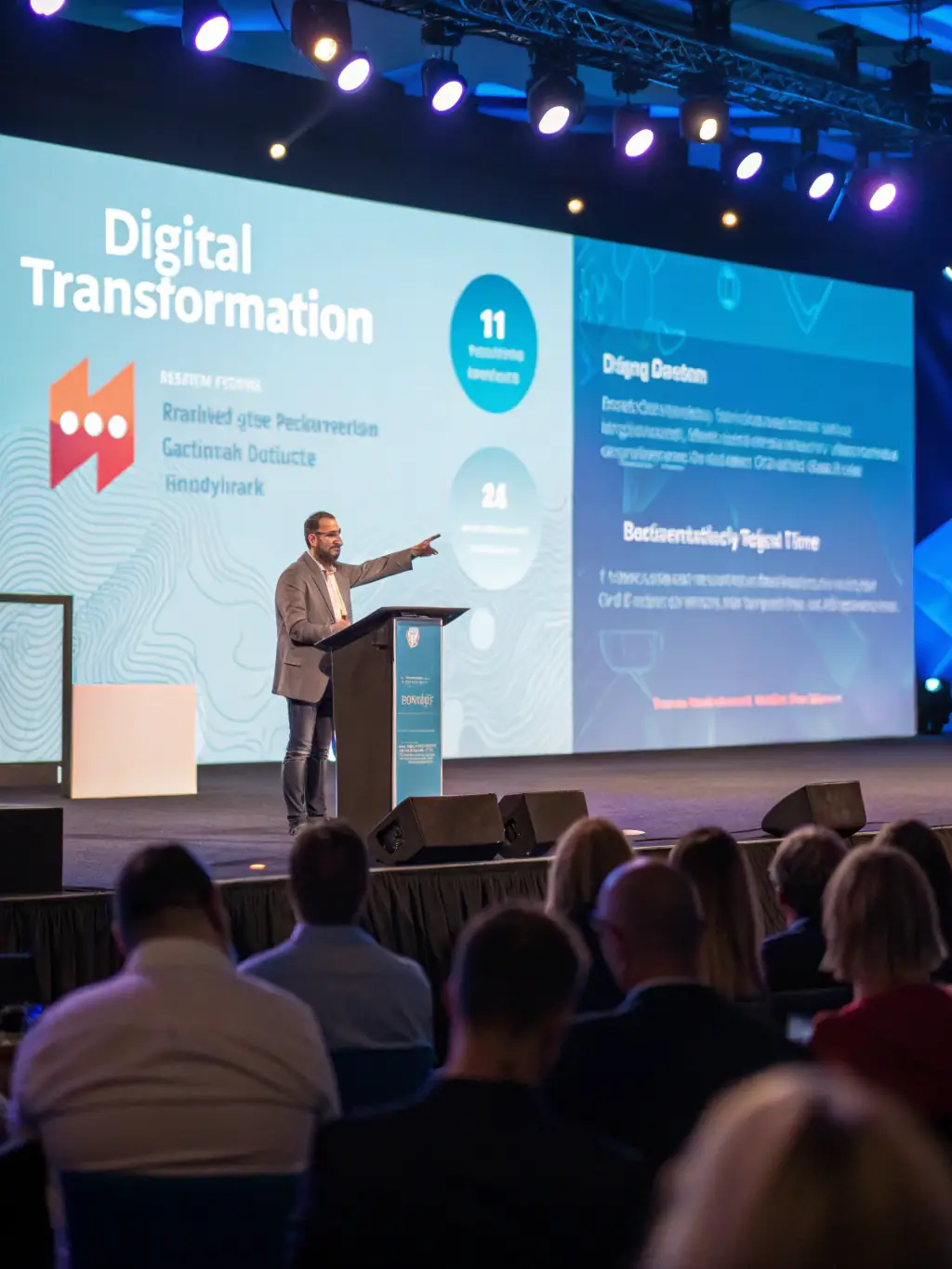 A dynamic image of a speaker presenting at a tech conference in Manchester, highlighting innovation and thought leadership.