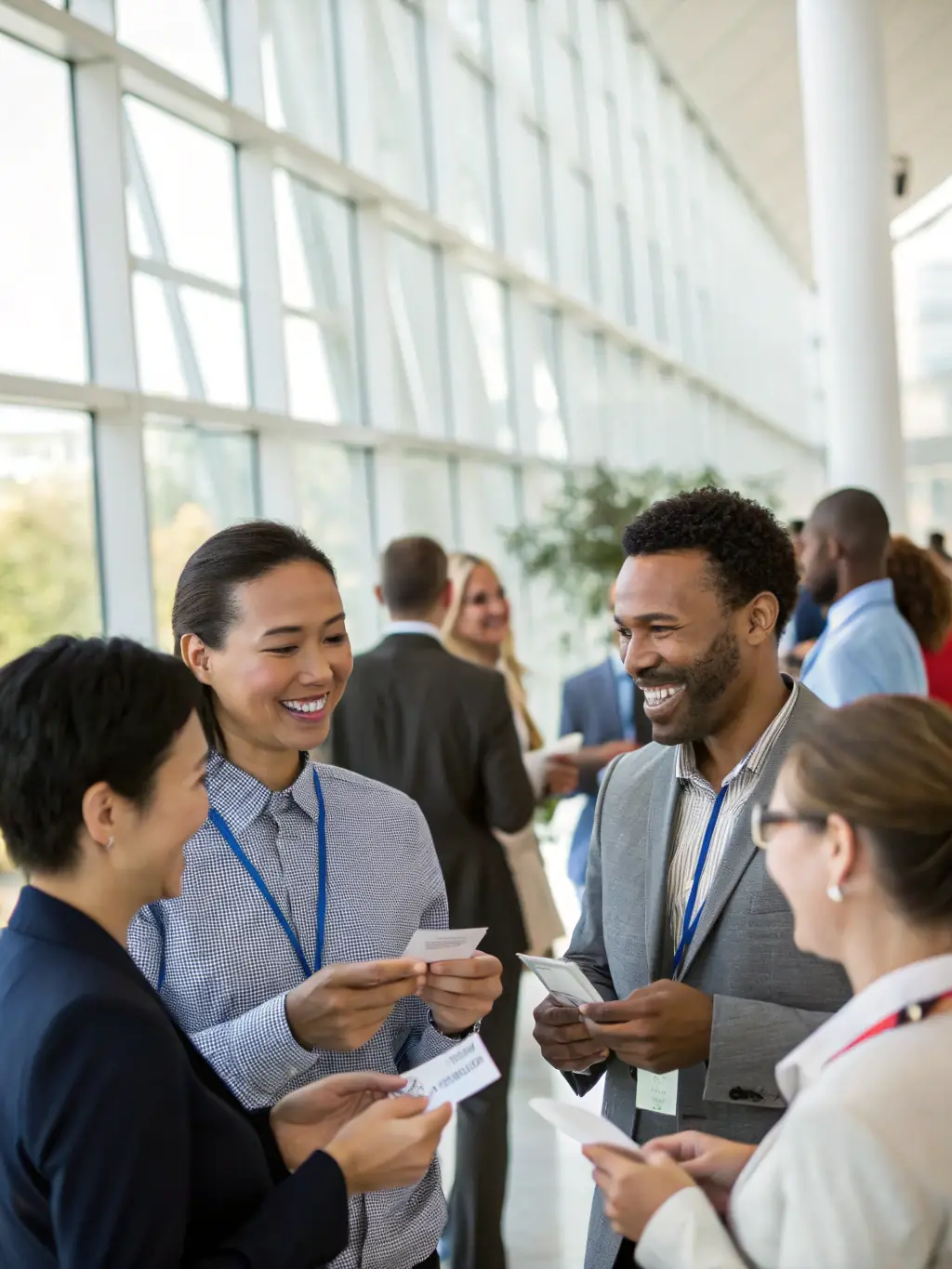 A candid shot of attendees actively networking and exchanging business cards during a coffee break at a Clearfactor conference in Manchester.