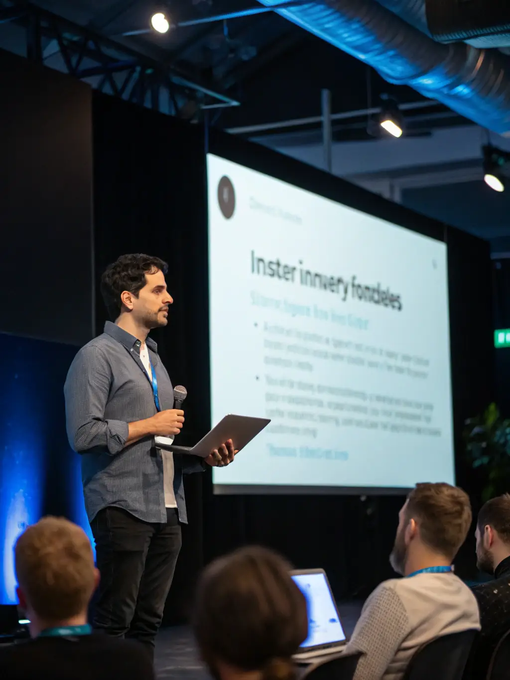 A vibrant image showcasing a startup founder pitching their innovative product to a panel of investors at a Clearfactor conference in Edinburgh.