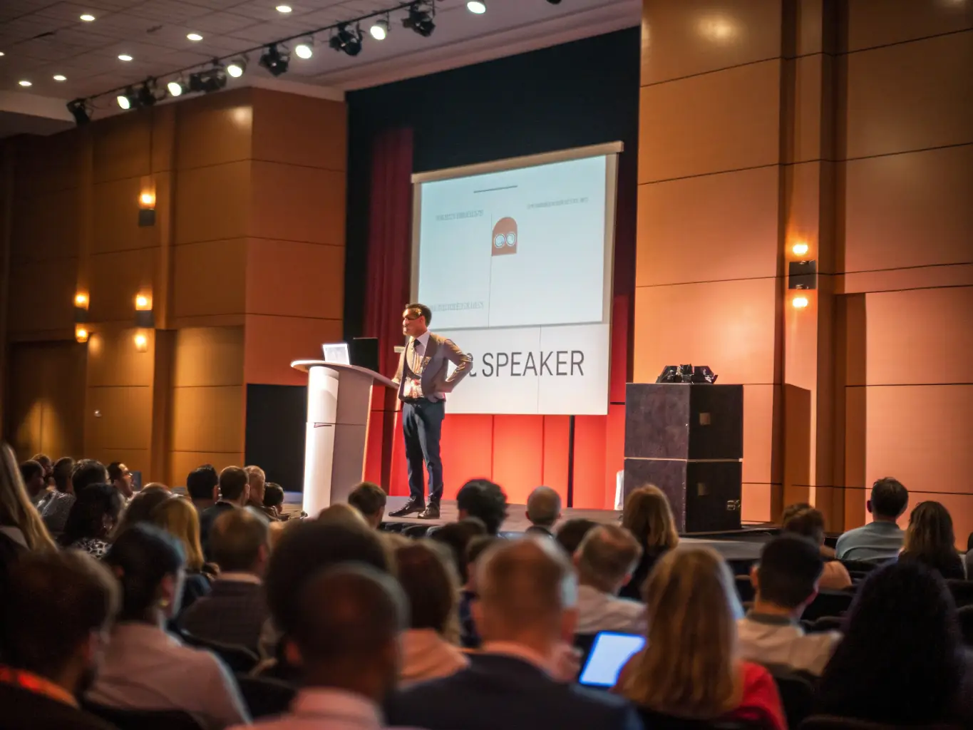 An image of a speaker presenting at a conference, highlighting the educational and informative aspects of the event.